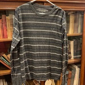 American Eagle men’s L long sleeve Tshirt, 60/40 cotton/poly. Gray/Navy stripe.